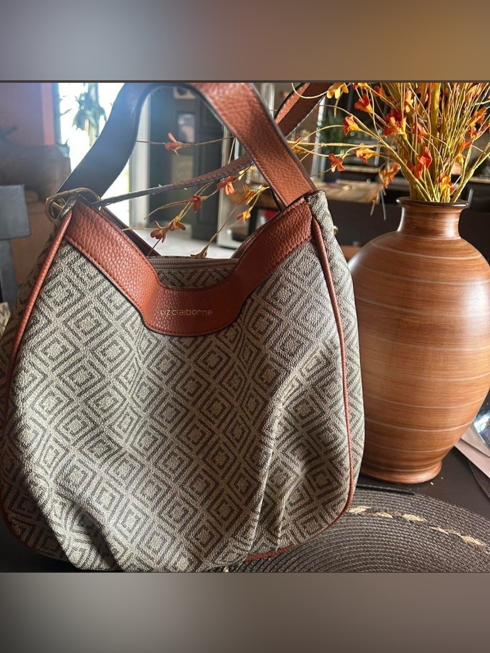 Liz Claiborne Brown and Taupe Geometric Hobo Shoulder Bag